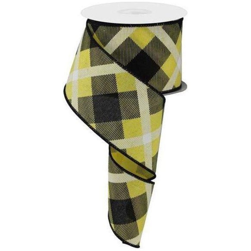 2.5″ Printed Plaid Ribbon: Yellow, Black, White