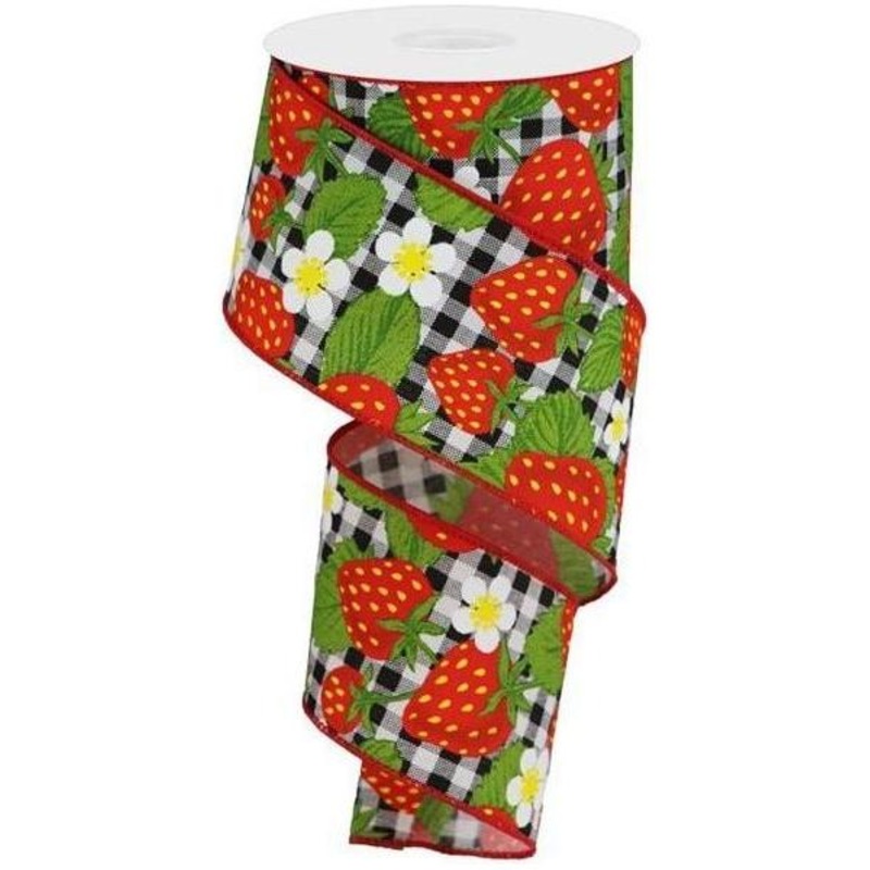 2.5″ Strawberries on Check Ribbon: Black & White (10 Yards)