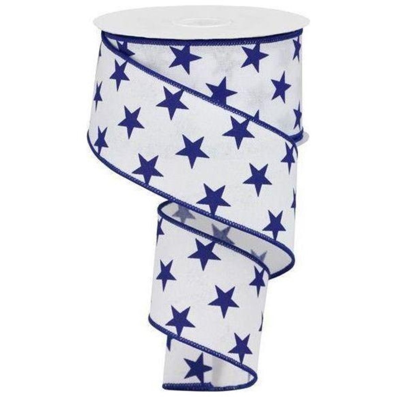 2.5″ White Royal Canvas Ribbon: Blue Stars (10 Yards)