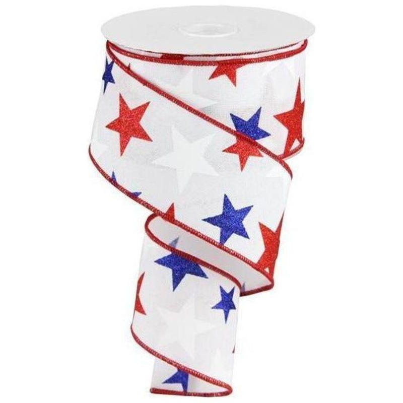 2.5″ White Royal Canvas Ribbon: Patriotic Stars (10 Yards)