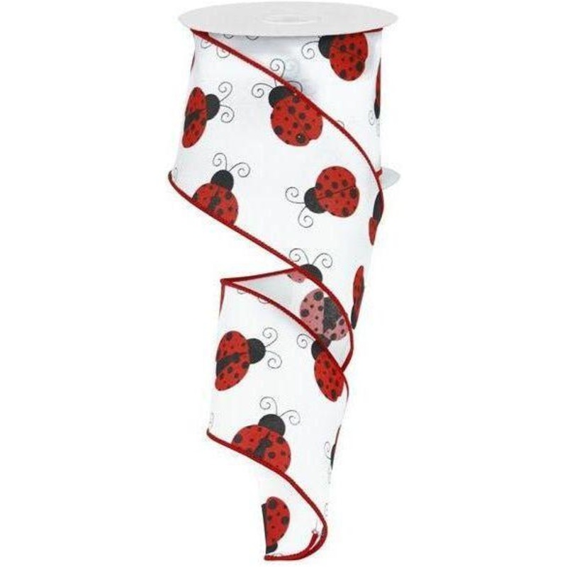 2.5″ White Satin Ladybug Ribbon (10 Yards)