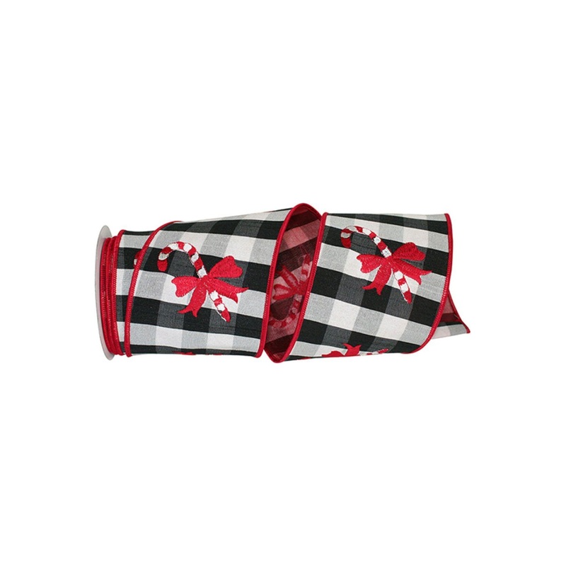 4″ Candy Cane Check Embroidery Ribbon: Black & White (5 Yards)