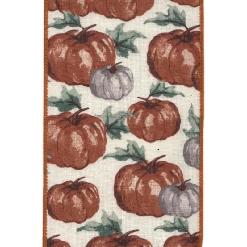 4″ Faux Linen Pumpkins Ribbon: Orange (10 Yards)