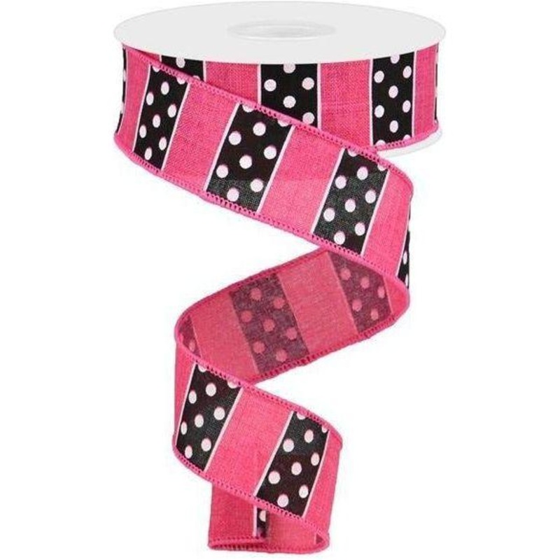 1.5″ B & W Polka Dot Stripes Ribbon: Pink (10 Yards)