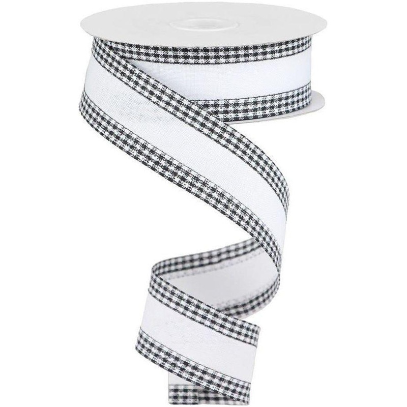 1.5″ Black Gingham Edge Ribbon: White (10 Yards)