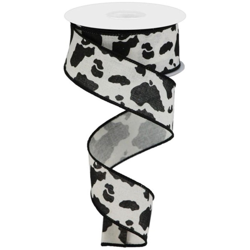 1.5″ Cowhide Print Ribbon: Black & Cream (10 Yards)
