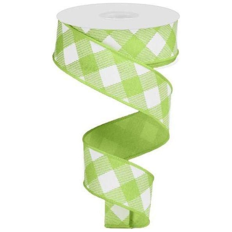 1.5″ Diagonal Check On Royal Ribbon: Bright Green & White (10 Yards)