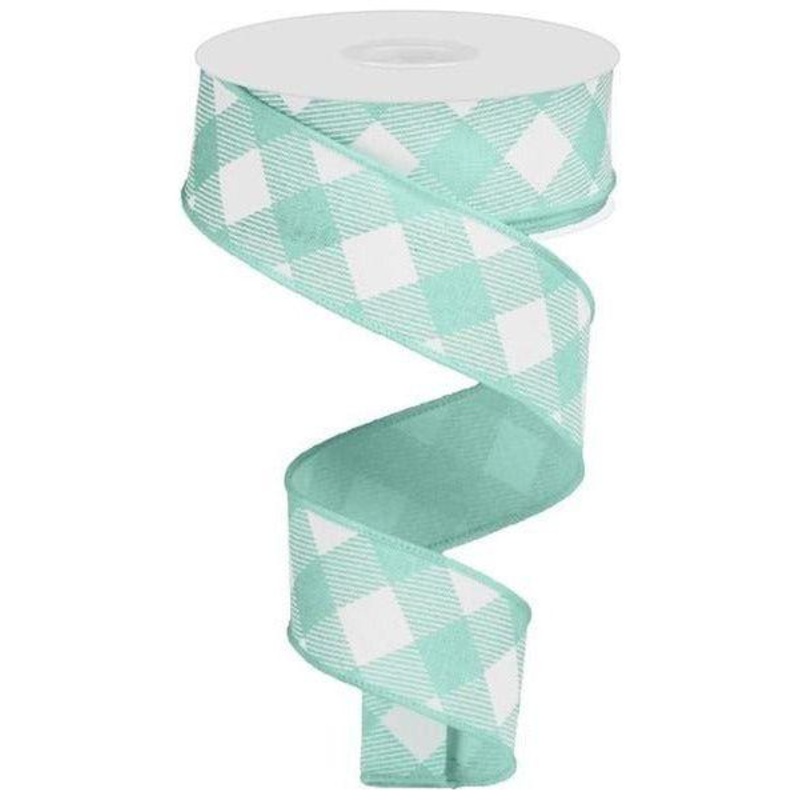 1.5″ Diagonal Check On Royal Ribbon: Mint Green & White (10 Yards)