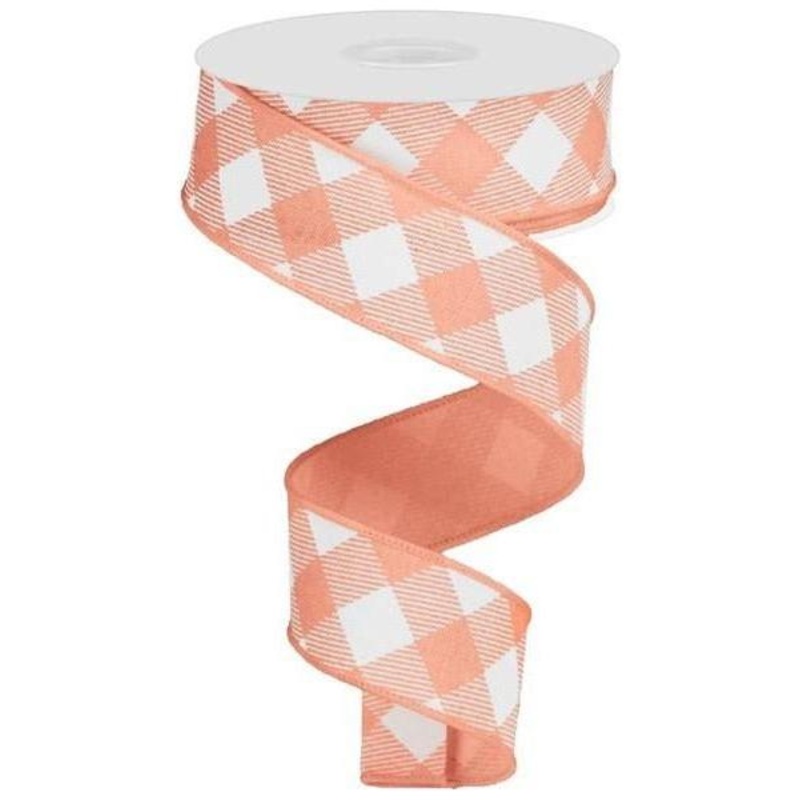 1.5″ Diagonal Check On Royal Ribbon: Peach & White (10 Yards)