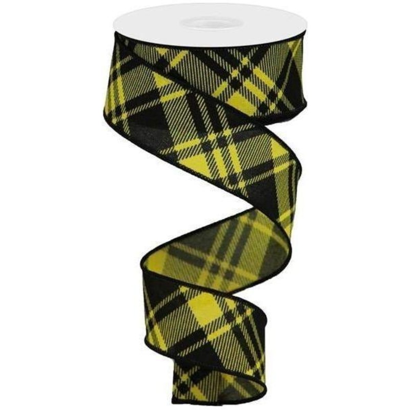 1.5″ Diagonal Stripe & Check Ribbon: Yellow (10 Yards)