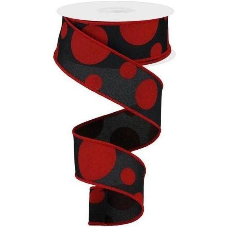 1.5″ Giant Three Size Polka Dot Ribbon: Black & Red (10 Yards)
