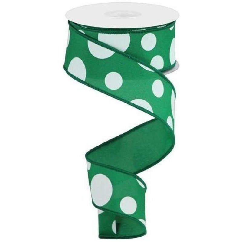1.5″ Giant Three Size Polka Dot Ribbon: Emerald Green & White (10 Yards)