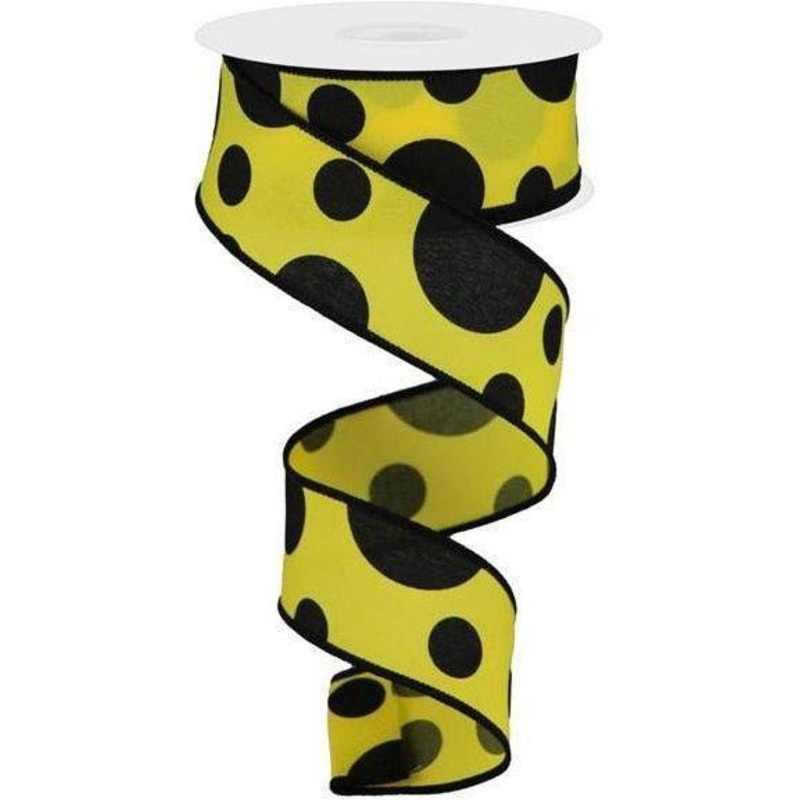 1.5″ Giant Three Size Polka Dot Ribbon: Yellow & Black (10 Yards)