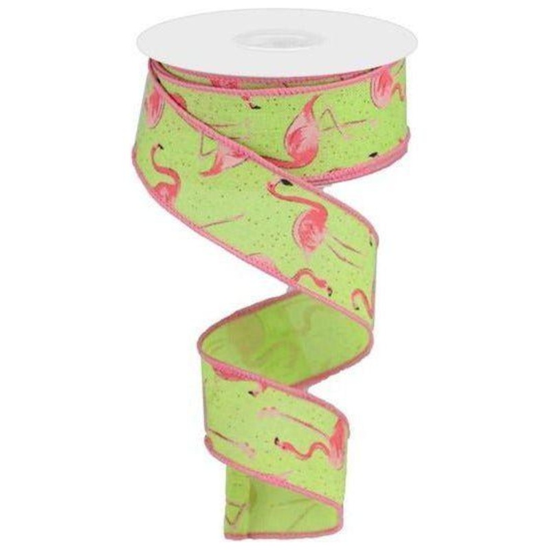 1.5″ Glitter Flamingo Ribbon: Lime Green (10 Yards)