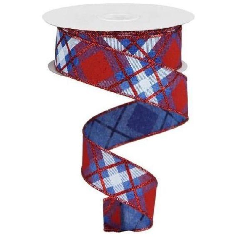 1.5″ Glitter Plaid Royal Ribbon: Royal Blue, Red & White