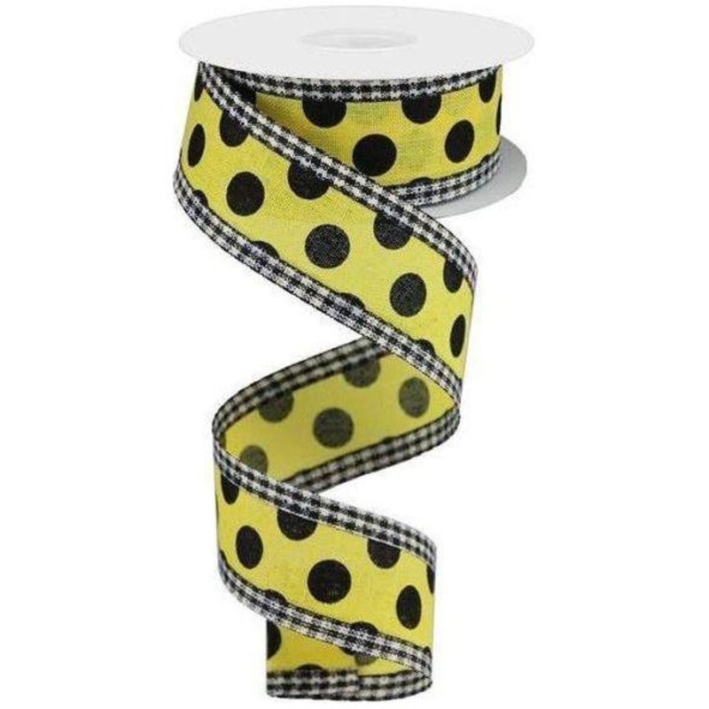 1.5″ Medium Polka Dots Gingham Edge: Yellow & Black  (10 Yards)