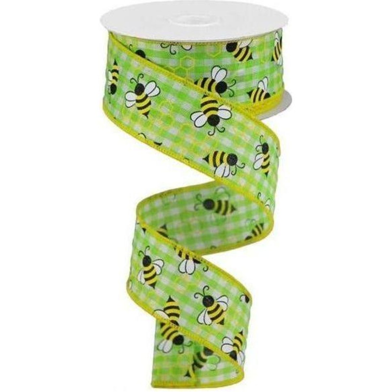 1.5″ Mini Bumblebees on Check Ribbon: Lime Green (10 Yards)
