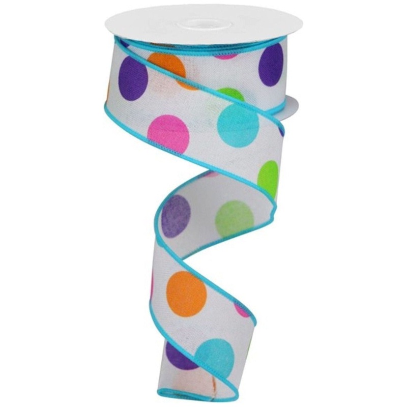 1.5″ Multi Polka Dots on Royal Ribbon: White (10 Yards)