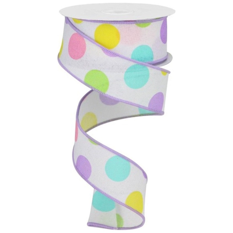 1.5″ Multi Polka Dots on Royal Ribbon: White/Lavender (10 Yards)