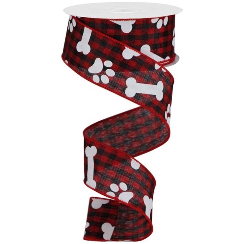 1.5″ Paw Print Bone Check Ribbon: Red/Black (10 Yards)