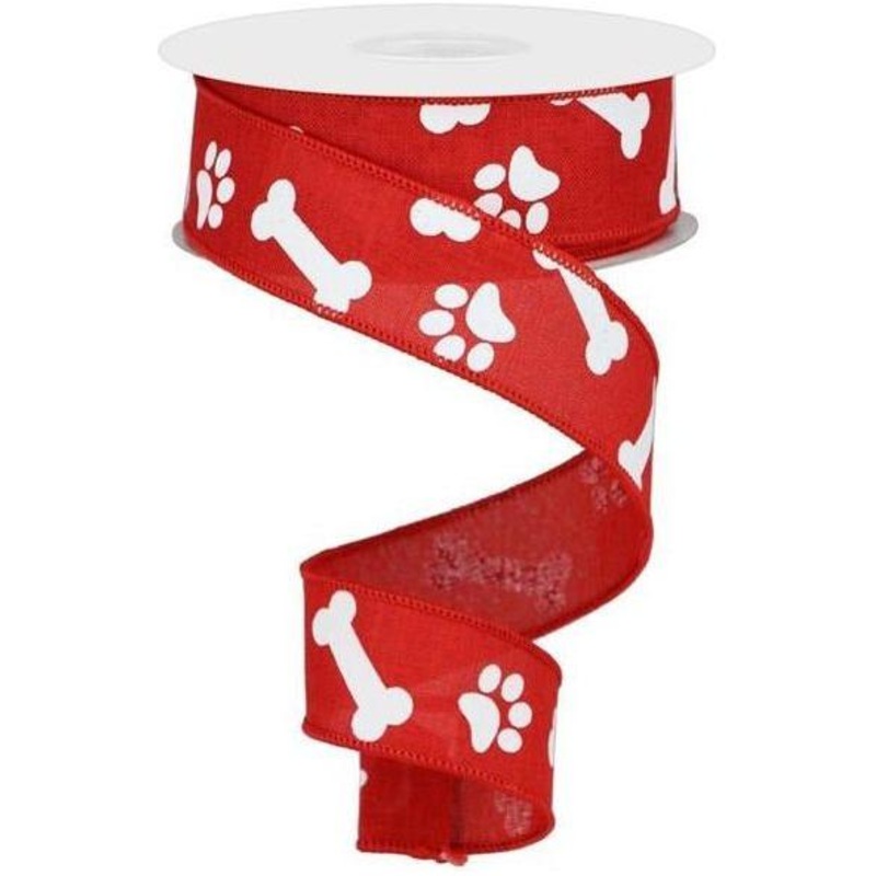 1.5″ Paw Print Royal Ribbon: Red & White (10 Yards)