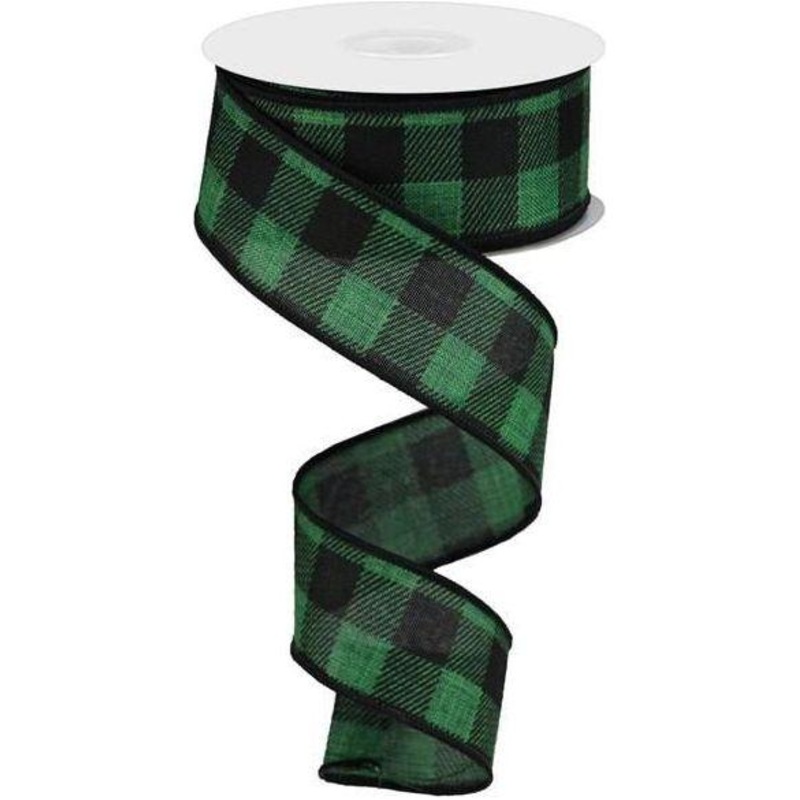 1.5″ Printed Plaid Check Ribbon: Emerald Green (10 Yards)