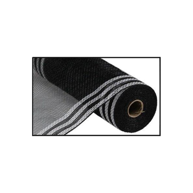 10.25″ Border Stripe Faux Jute Mesh Ribbon: Black/White (10 Yards)