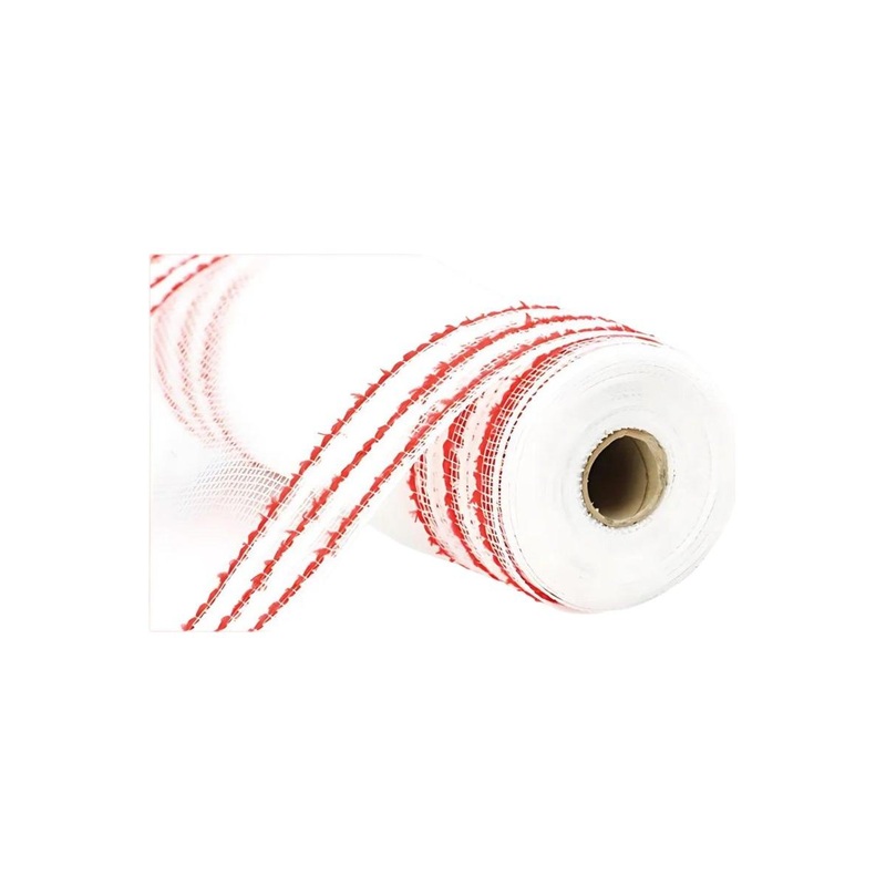 10.25″ Drift Border Mesh Ribbon: White/Red (10 Yards)