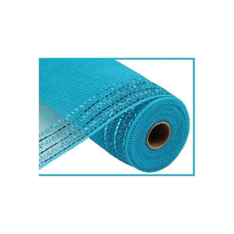 10.5″ Border Stripe Tinsel Mesh Ribbon: Turquoise (10 Yards)