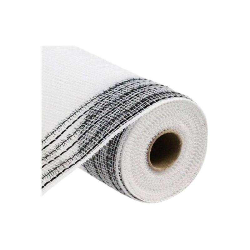 10.5″ Border Stripe Tinsel Mesh Ribbon: White/Black (10 Yards)