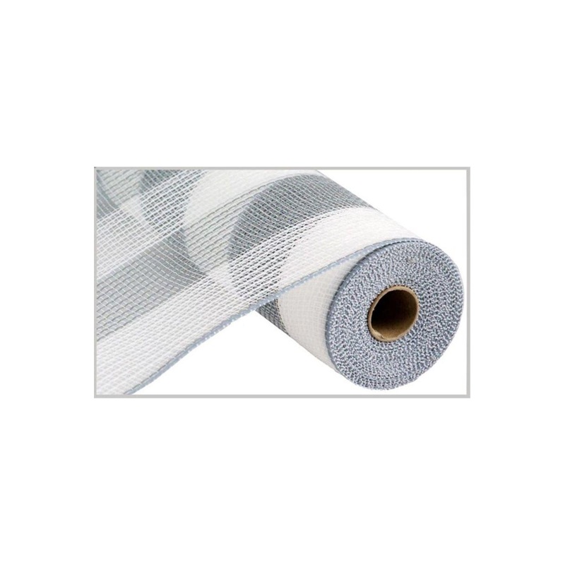 10.5″ Faux Jute Wide Stripe Mesh Ribbon: White & Grey (10 Yards)