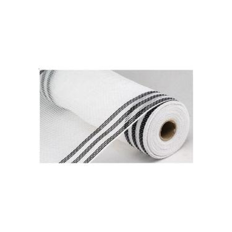 10″ Border Stripe Faux Jute Mesh Ribbon: White/Black (10 Yards)