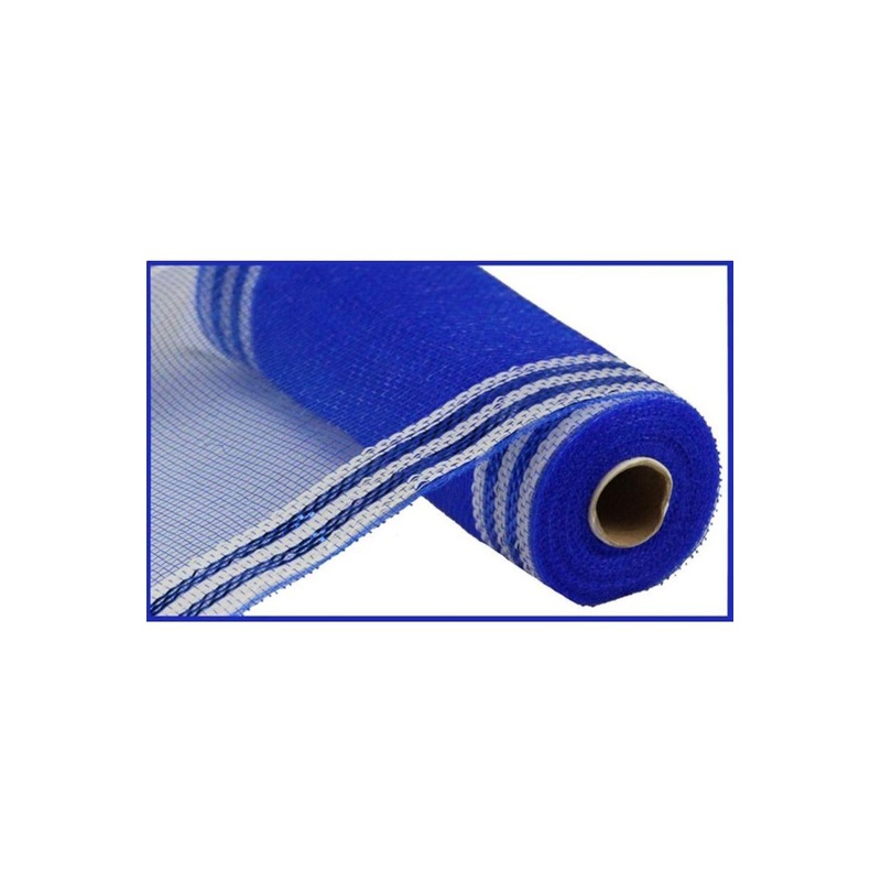 10″ Border Stripe Metallic Mesh Ribbon: Royal Blue/White (10 Yards)