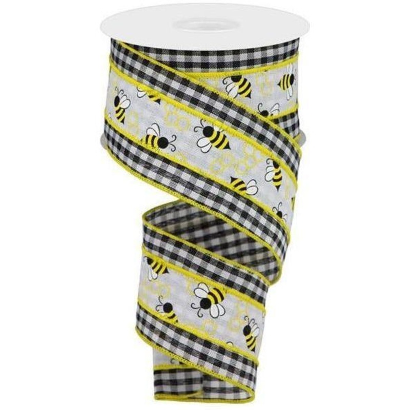 2.5″ Bumblebees on Check Ribbon: Black & White (10 Yards)