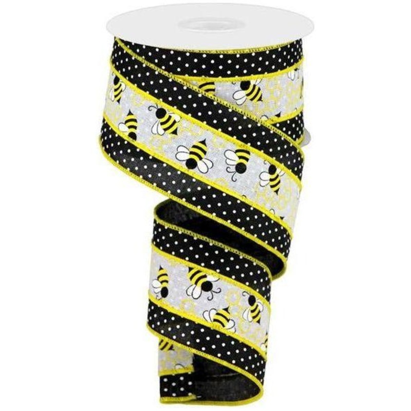 2.5″ Bumblebees Swiss Dot Ribbon: Black & White (10 Yards)