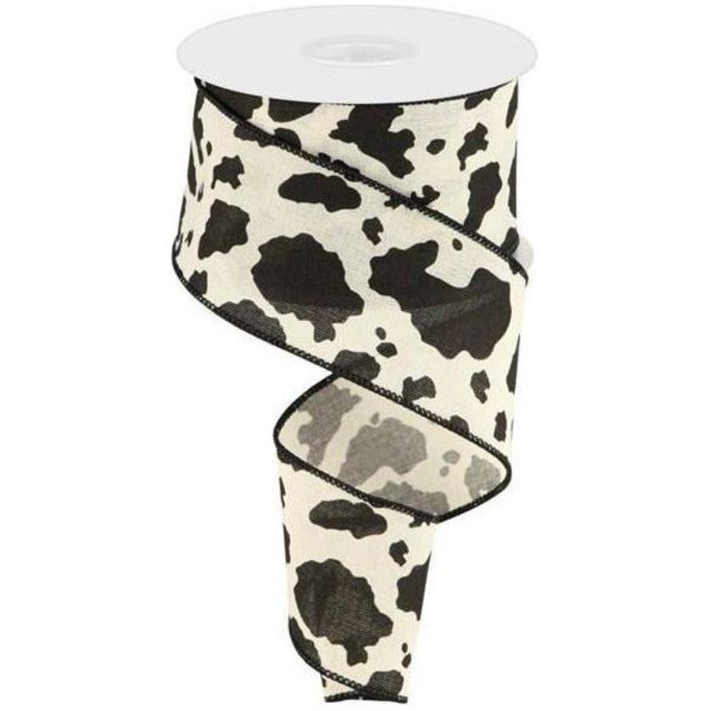 2.5″ Cowhide Cotton Print Ribbon: Black & Cream (10 Yards)