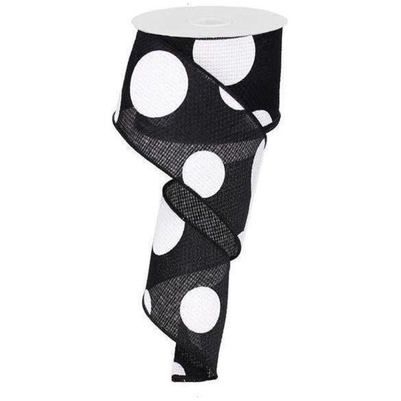 2.5″ Faux Burlap Giant Polka Dot Ribbon: Black & White (10 Yards)