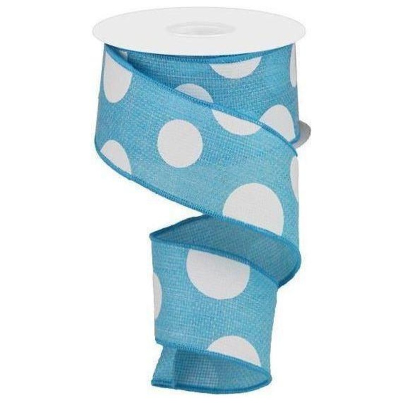 2.5″ Faux Burlap Giant Polka Dot Ribbon: Light Blue & White (10 Yards)