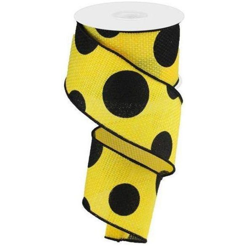 2.5″ Faux Burlap Giant Polka Dot Ribbon: Yellow & Black (10 Yards)