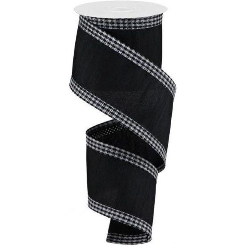 2.5″ Faux Dupioni Gingham Edge Ribbon: Black (10 Yards)