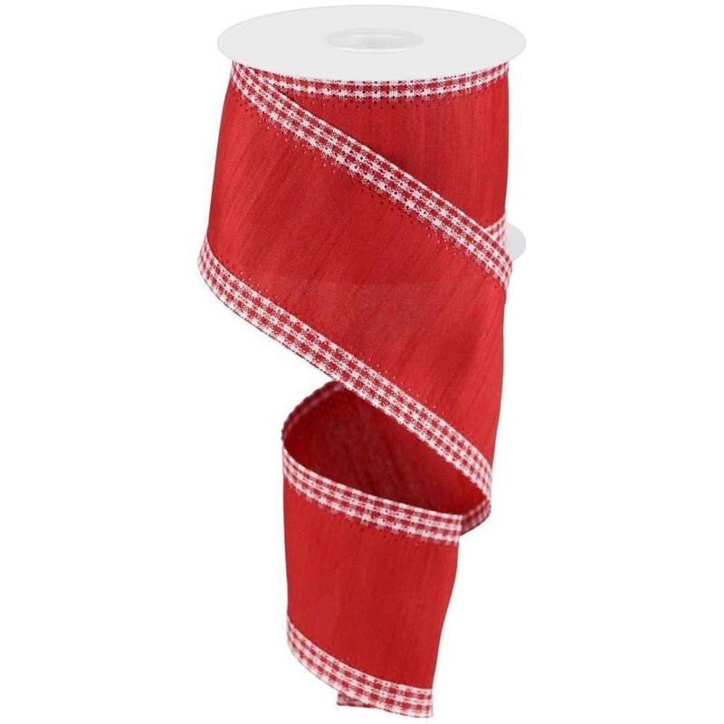 2.5″ Faux Dupioni Gingham Edge Ribbon: Red (10 Yards)