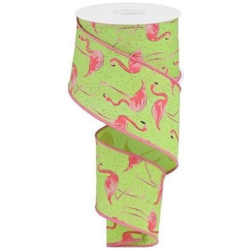 2.5″ Glitter Flamingo Ribbon: Lime Green (10 Yards)