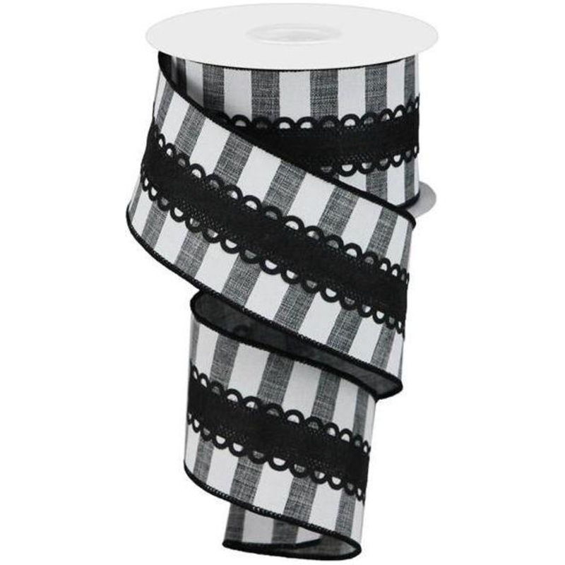 2.5″ Lace On Horizontal Stripe Ribbon: Black/White (10 Yards)