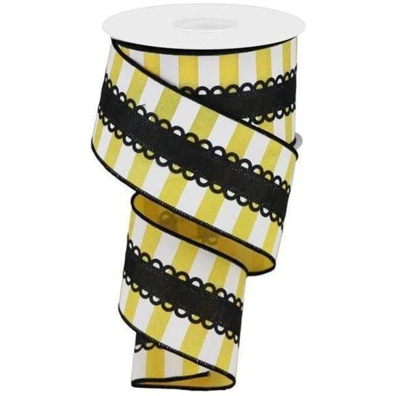 2.5″ Lace On Horizontal Stripe Ribbon: Black, Yellow, White (10 Yards)