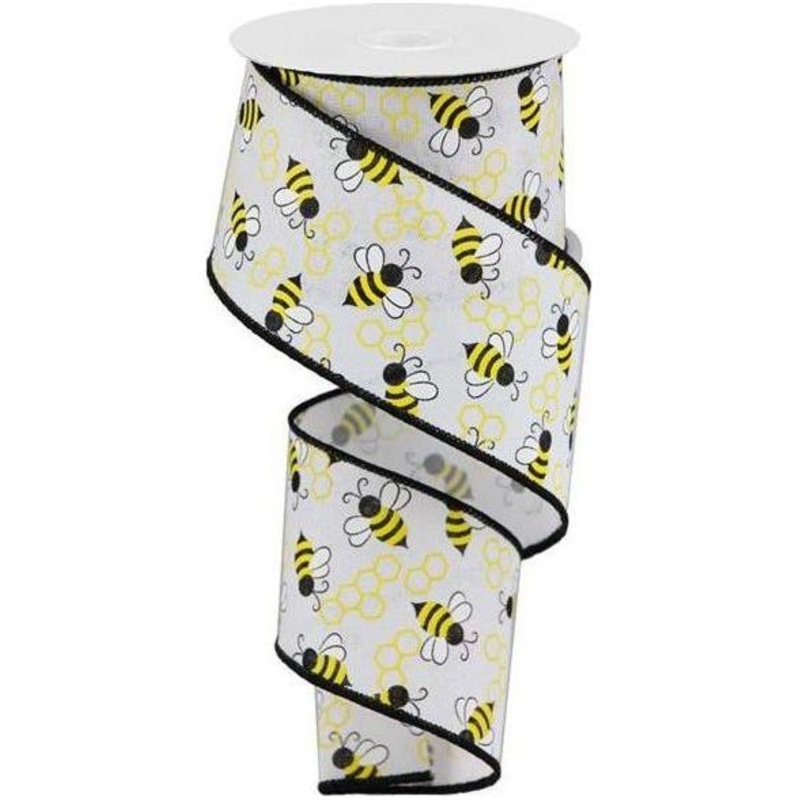2.5″ Mini Bumblebees on Royal Ribbon: White (10 Yards)