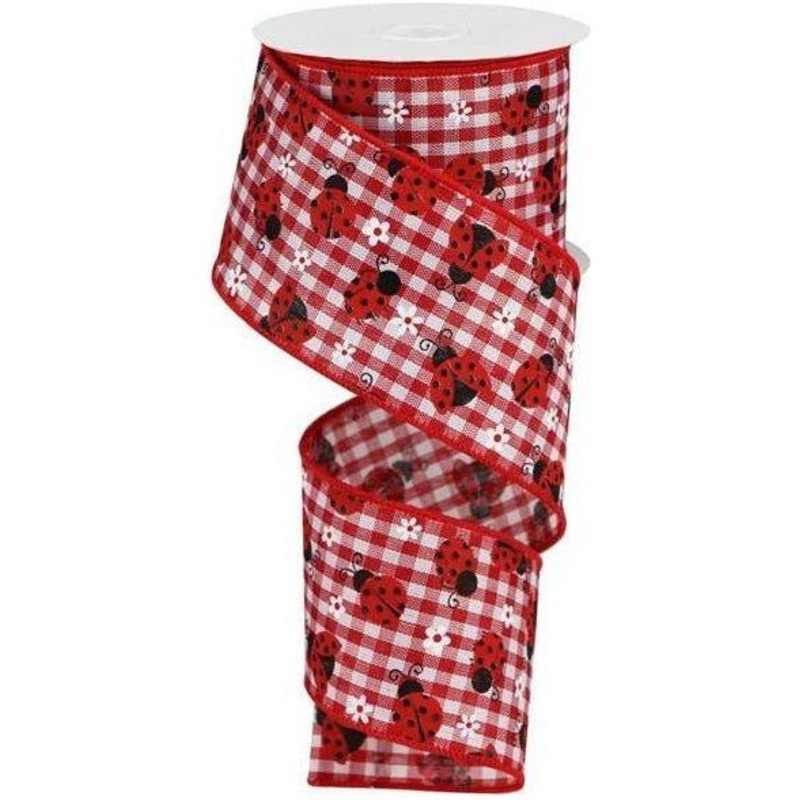 2.5″ Mini Ladybug on Royal Ribbon: Red Gingham (10 Yards)
