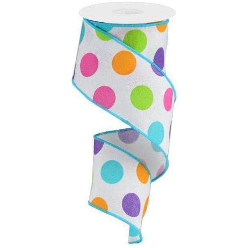 2.5″ Multi Polka Dots on Royal Ribbon: White (10 Yards)