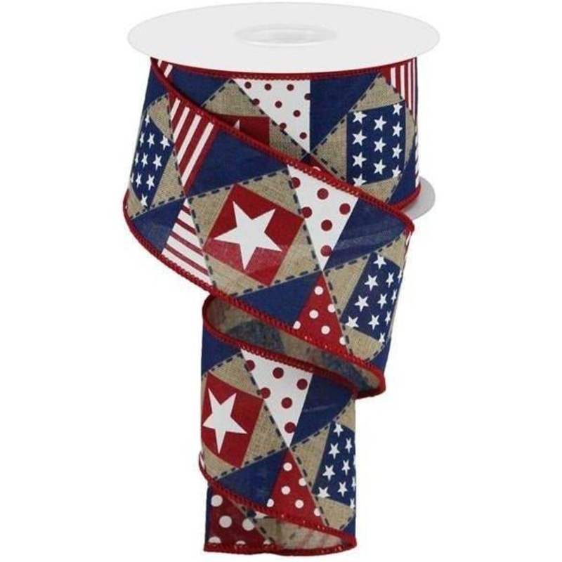 2.5″ Patriotic Patchwork Royal Ribbon: Natural (10 Yards)