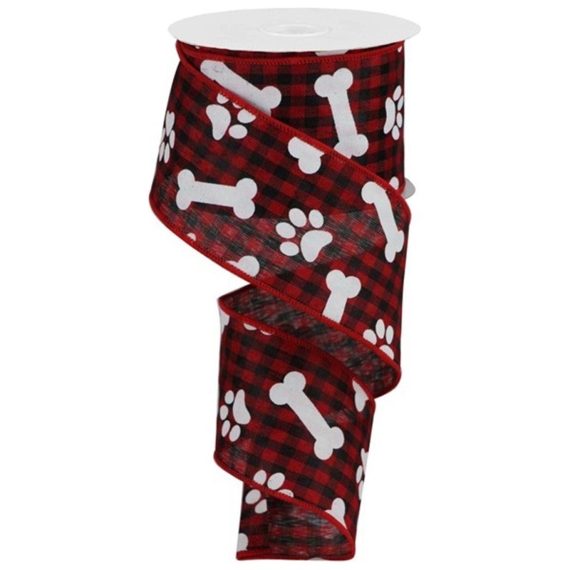 2.5″ Paw Print Bone Check Ribbon: Red/Black (10 Yards)