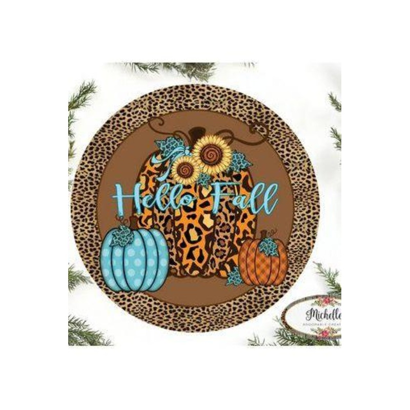 Hello Fall Leopard Animal Print Pumpkin Sign – Wreath Accent Sign